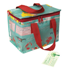 Load image into Gallery viewer, Lunch bag is zipped closed. Bag features world map design with red handles and zipper. Card tag is attached with plastic tie.
