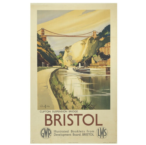 View of Clifton Suspension Bridge in beiges and greens, in photographic print style. Underneath the print, text reads 'Clifton Suspension Bridge, Bristol, Illustrated Booklets from Dvelopment Board, Bristol, GWR, LMS'
