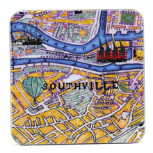 Load image into Gallery viewer, Illustrated map in yellow and white of Southville shows the M shed and cranes, SSGB, a hot air balloon, and he blue harbour. 

