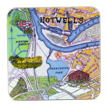 Load image into Gallery viewer, An illustrated map of Hotwells shows Tobacco Factory, Bedminster park, Ashton Court and a hot air balloon, all over the floating harbour. 
