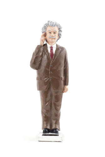 Solar Einstein out of the box. Einstein (a white man) has a finger pointing to his head and wears a brown suit. He is standing on a white base with a solar panel.