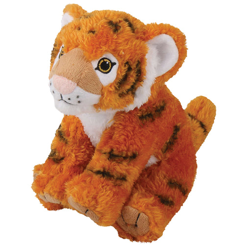Tiger sits on haunches with legs extended. Tiger is orange with black stripes. Stomach and chest are white. Eyes are yellow. Nose bridge is white, mouth is white, tip of nose is pink. Eyes are framed with white. Ears are white on the inside. Tail sticks straight out at the back. 