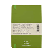 Load image into Gallery viewer, Back of Green notebook. White removable band explains charity and sustainable messaging with a link www.ventforchange.co.uk.
