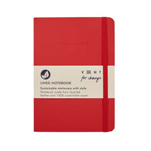 Load image into Gallery viewer, Front of red A5 recycled leather lined notebook. Removable white paper band around the middle reads: &#39;Lined Notebook Sustainable Stationery with style. Notebook made from recycled leather and 100% sustainable paper.&#39; An orange elasticated band loops around the front. &#39;Make a mark&#39; is engraved on the front cover.
