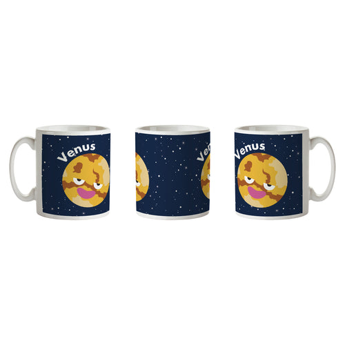 Mug is white with blue/black background, white stars and smiling Venus with 'Venus' written above.