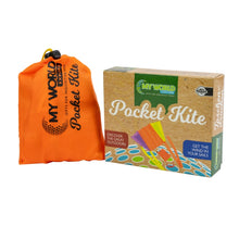 Load image into Gallery viewer, Kite inside orange bag to the left, bag reads &quot;My world explore, gifts for inquisitive minds, pocket kite&quot;. Cardboard box sits to the right. 
