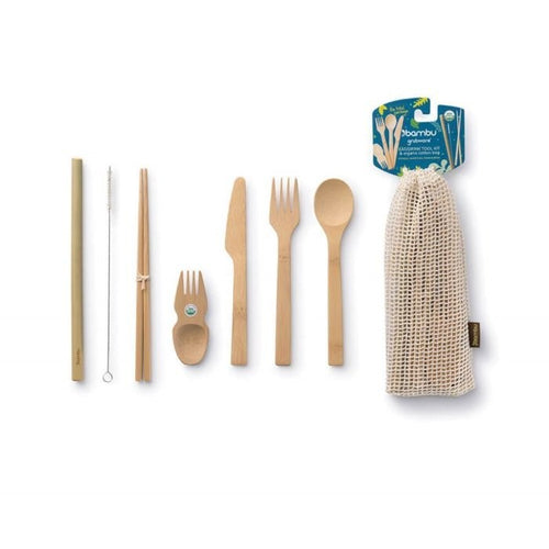 Contents aligned beside mesh bag. From left to right: bamboo straw, straw cleaner, bamboo spork, bamboo knife, bamboo fork, bamboo spoon, mesh bag. 