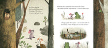 Load image into Gallery viewer, Inside spread of the book shows a mouse talking to a sad frog. The story is slightly blurred, but there are 3 sections.
