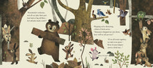 Load image into Gallery viewer, Inside spread shows animals working together, carrying bits of wood. The words of the story are slightly blurred, but there are 3 paragraphs.

