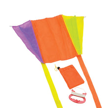 Load image into Gallery viewer, Main body of the kite is purple, orange and yellow with yellow and orange tails. Storage bag is orange. Kite handle is red with white string.
