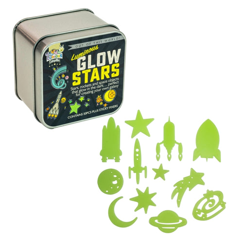 Luminous glow stars tin on its side next to 12 different designs of glow objects.