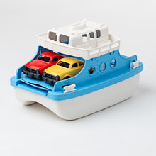 Load image into Gallery viewer, Ferry boat is white and blue. 2 cars sit inside the ferry, one red, one yellow.
