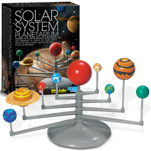 KidzLabs Solar System Planetarium Kit Box in left background with fully build planetarium model in foreground. Model itself is grey plastic, each of the planets and the Sun are painted. They all have a texture,.