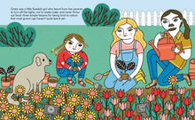 Load image into Gallery viewer, inside page shows Greta Thunberg with her parents (a woman with long blonde hair and a man with facial hair and a long brown hair in a ponytail) and a dog planting flowers in a flowerbed.
