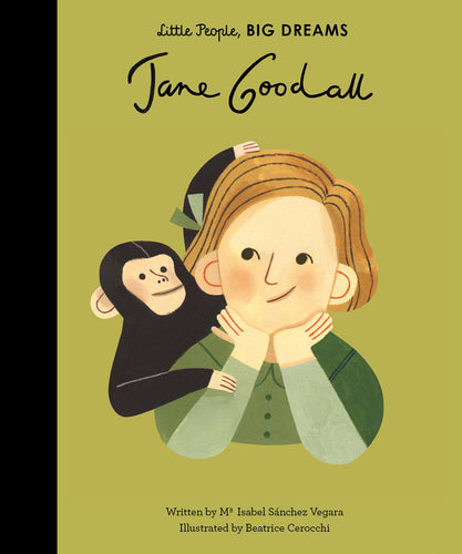Green book cover shows Jane Goodall (a white woman with a blonde bob) with a chimpanzee looking over her shoulder.