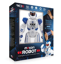 Load image into Gallery viewer, Packaging is blue box with image of the Motion Robot and white hands showing &#39;gesture control&#39; and &#39;rc handset&#39; functions. Tagline reads &#39;intelligent motion controlled robot&#39;.
