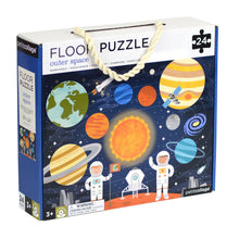 Load image into Gallery viewer, Floor Puzzle box has white top with title &#39;Floor Puzzle, outer space&#39; and image below. A puzzle piece has the number 24 superimposed to indicate 24 pieces.
