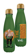 Load image into Gallery viewer, Wallace Aardman insulated metal water bottle is green with gold lid. Words read &#39;The Wrong Trousers W&amp;G&#39; with picture of Wallace (white man) wearing mechanical trousers. The background has illustrations of inventions.
