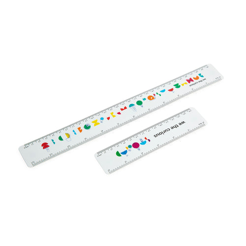 2 white rulers with colourful patterns - one 30 cm and one 15 cm 