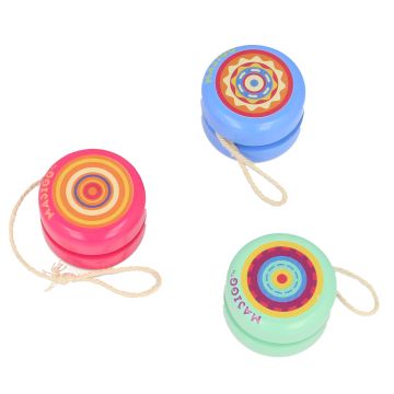 Three wooden yo-yos: pink, blue and green. Each yo-yo has a white string.