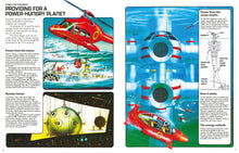 Load image into Gallery viewer, Inside spread pages 6 and 7 with title &#39;providing with a power-hungry planet&#39;. Illustrations of structures underwater, and helicopters.
