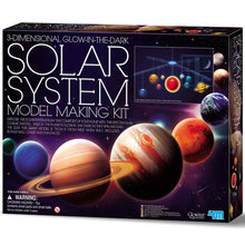 Load image into Gallery viewer, Purple science kit shows pictures of the planets with a small photo of the assembled mobile in the top right. Box reads &#39;3 Dimensional Glow-in-the-dark solar system model making kit&#39;
