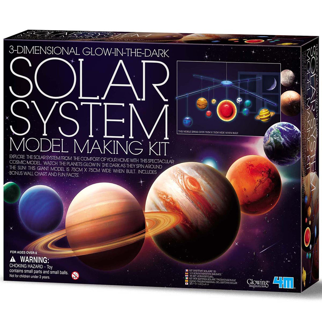 Purple science kit shows pictures of the planets with a small photo of the assembled mobile in the top right. Box reads '3 Dimensional Glow-in-the-dark solar system model making kit'