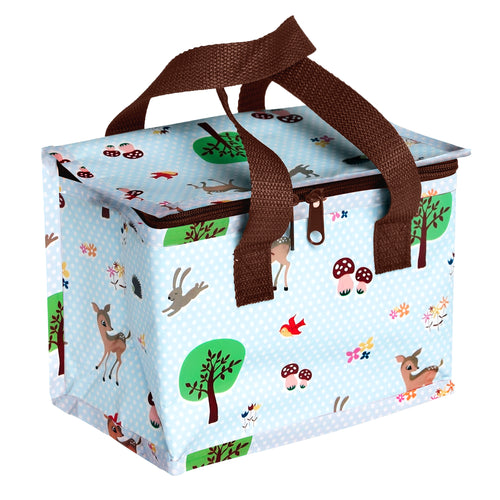 light blue lunch bag with small white polka dots, illustrations of trees, mushrooms, deer and birds. 