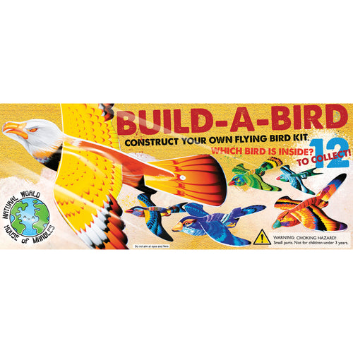 Packaging for the kit is yellow with images of different build birds. Packaging reads 'build-a-bird construct your own flying bird kit. which bird is inside? 12 to collect!' corner has a symbol for the natural world range at house of marbles. Warnings acros the bottom to not aim product at eyes and face, and not suitable for children under 3. 