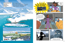 Load image into Gallery viewer, Inside spread pages 4-5 show illustrations of antarctica and a woman waking up at a research station. 
