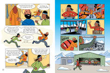 Load image into Gallery viewer, Inside spread pages 32 and 33 show tow people running in comic panels getting ready to board a plane.
