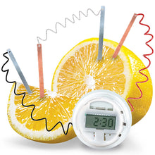 Load image into Gallery viewer, A lemon cut in half shows metal parts sticking in either side, connected to a small clock component with wires. 
