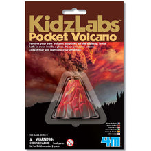 Load image into Gallery viewer, Packaging is card sleeve with plastic window for volcano. Packaging reads &#39;KidzLabs pocket volcano. perform your own &#39;volcano eruptions&#39; on the tabletop, in the bath or even inside a glass. It&#39;s an awesome science gadget that will captivate your attention.&#39; 
