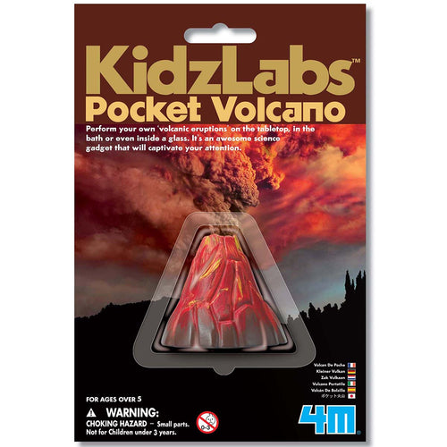 Packaging is card sleeve with plastic window for volcano. Packaging reads 'KidzLabs pocket volcano. perform your own 'volcano eruptions' on the tabletop, in the bath or even inside a glass. It's an awesome science gadget that will captivate your attention.' 