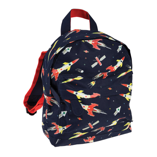 Blue backpack with illustrations of red, white and yellow rockets.