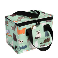 Load image into Gallery viewer, Green lunch bag with illustrations of cats. Zipper and handles are black.
