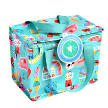 Load image into Gallery viewer, Rectangular light blue lunch bag with blue straps. Zip closure. Colourful illustrations include a cat in sunglasses &amp; a hat, a bubblegum machine, a smiling Earth, an ice cream cone with 4 teetering scoops, and so many more.
