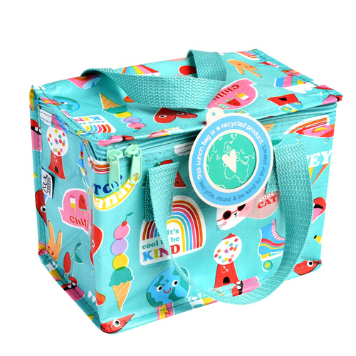 Rectangular light blue lunch bag with blue straps. Zip closure. Colourful illustrations include a cat in sunglasses & a hat, a bubblegum machine, a smiling Earth, an ice cream cone with 4 teetering scoops, and so many more.