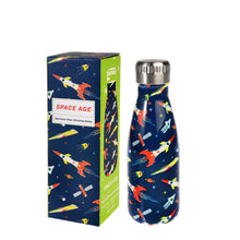 Load image into Gallery viewer, Dark blue bottle with red, yellow and white rockets and satellites. Lid is silver with ridges. Cardboard box packaging is dark blue and light green. One side features same design as bottle and reads &quot;space age stainless steel drinking bottle&quot;. Other visible side shows image of bottle.
