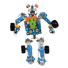 Load image into Gallery viewer, Blue metal robot with wheels on it&#39;s limbs. 
