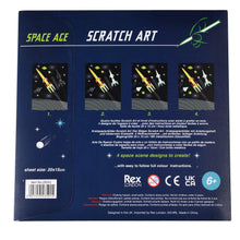 Load image into Gallery viewer, Reverse of packaging shows 4 images of the same space scene at  different stages of the scratch art process. Packaging reads &#39;4 space scene designs to create&#39;. 
