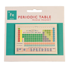 Load image into Gallery viewer, Off white rectangular magnet features muted retro design with different colours for each type of element. Magnet sits on off white and teal cardboard backer that reads &quot;Periodic Table Fridge Magnet&quot;
