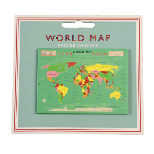 green magnet with world map attached to card backing. 