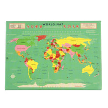 Load image into Gallery viewer, Rectangular light green magnet with world map with different coloured countries and country names. 
