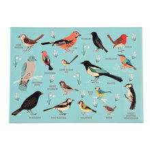 Load image into Gallery viewer, Light blue rectangular magnet with illustrations of 16 birds and their names. Illustrations of white flowers are spaced in between birds.
