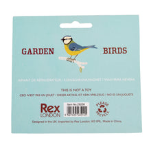 Load image into Gallery viewer, Back of the cardboard backer packaging reads &quot;Garden Birds&quot;, &quot;This is not a toy&quot;, &quot;Rex London&quot; &quot;Please Recycle&quot; and &quot;Designed in the UK. Imported by Rex London...Made in China&quot;. There is also a barcode and an illustration of a Blue Tit.
