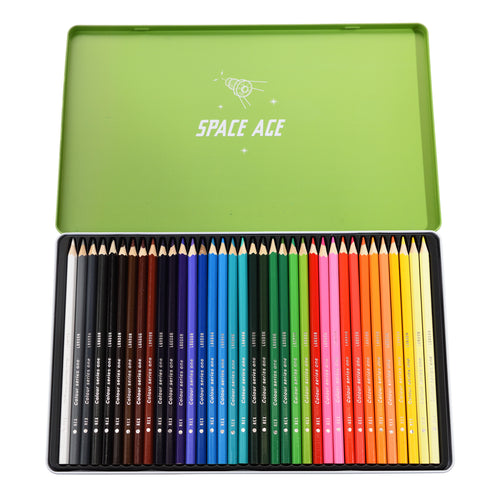 36 colouring pencils lined up in a tray. Differing shades of the following colours: 1 white, 2 grey, 2 black, 3 brown, 4 purple, 5 blue, 6 green, 1 red, 2 pink, 5 orange, 4 yellow. Inside lid of box is lime green with 