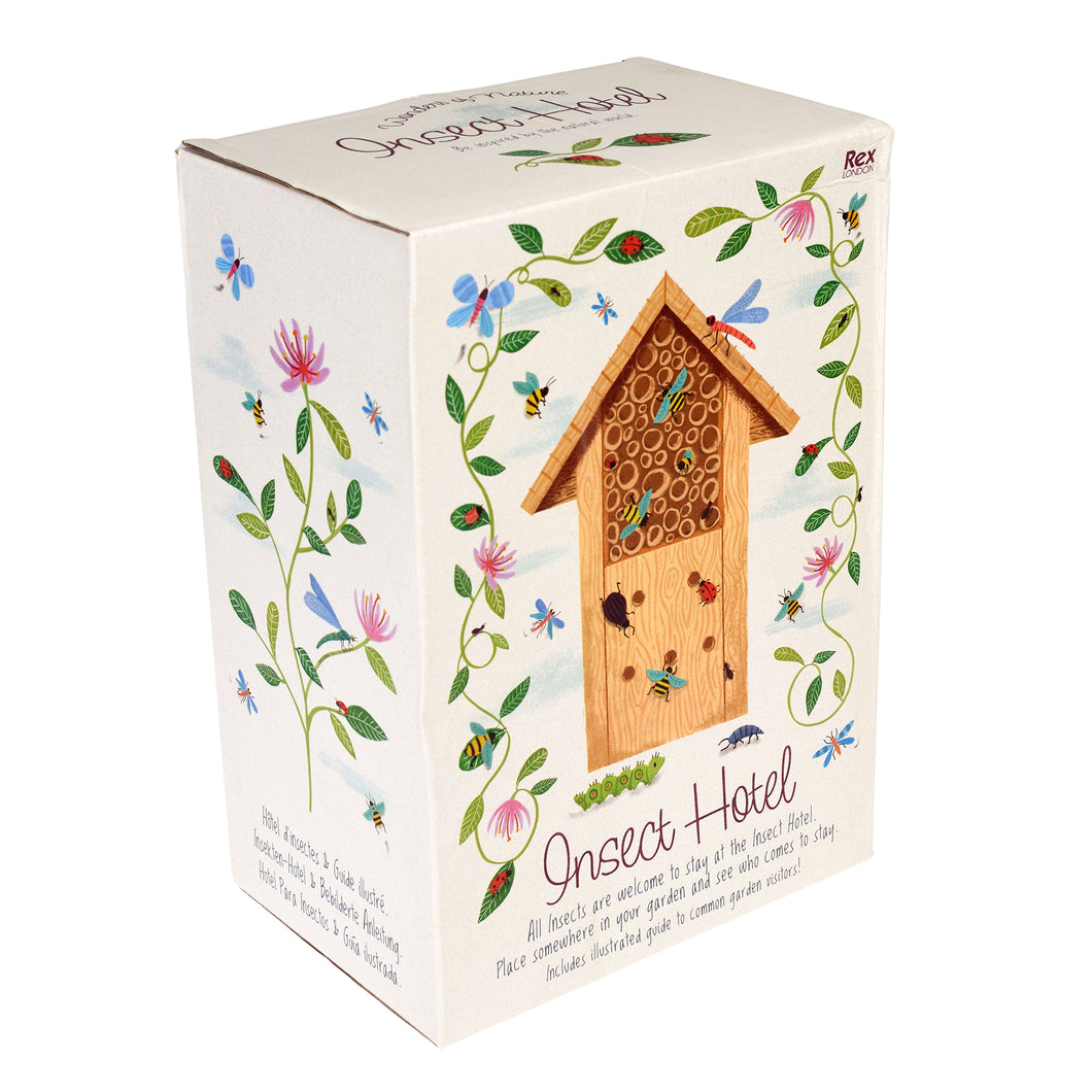 White box with illustration of wooden insect hotel with sloping roof. Box reads 