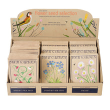 Load image into Gallery viewer, Packets shown in cardboard box separated by three different flowers. Cardboard box reads &#39;your garden flower seed selection. create a haven for bees, birds &amp; butterflies. sweet pea mix, forget-me-not &amp; daisy seeds&#39;. 
