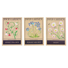 Load image into Gallery viewer, Three brown packets with illustrations of flowers. Each packet has a different illustration and label. The packets read &#39;your garden&#39; followed by the scientific &amp; traditional name for each flower. 
